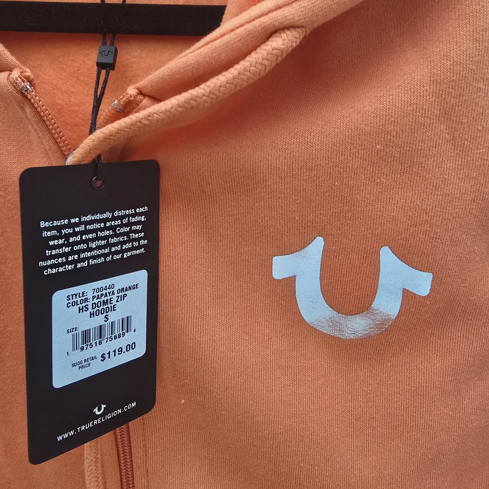 True Religion Orange Papaya Dome Graphic Hoodie Size Small NWT